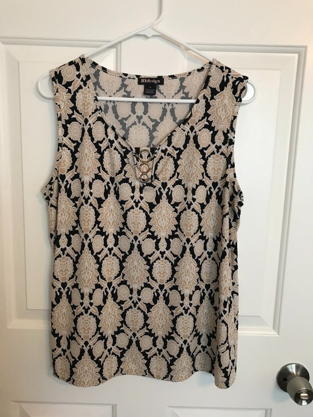 BY Design Metal Ring Accent Sleeveless Stretch Knit Print Top Sz XL Beige Black